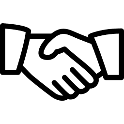 Black and white line drawing of two hands shaking in a handshake, symbolizing agreement or partnership.