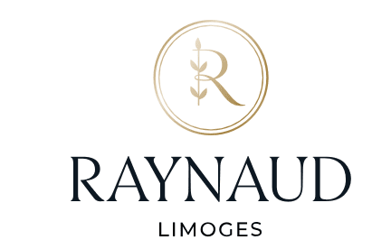 Raynaud Limoges logo featuring a stylized letter "R" with a branch inside a gold circle above the brand name in black text.