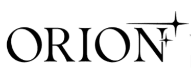 The word "ORION" is written in black capital letters with a star-shaped sparkle above the letter "N.