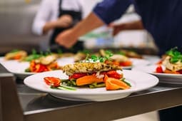 A plated dish of grilled chicken with vegetables is on a counter, alongside other identical plates and people preparing food in the background—perfect for showcasing culinary excellence in Catalog Resources.