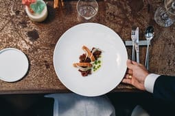 A person holds a white plate with a small, artfully arranged gourmet dish, sourced from exclusive catalog resources, next to a glass of water, cutlery, and a cocktail on a brown table.