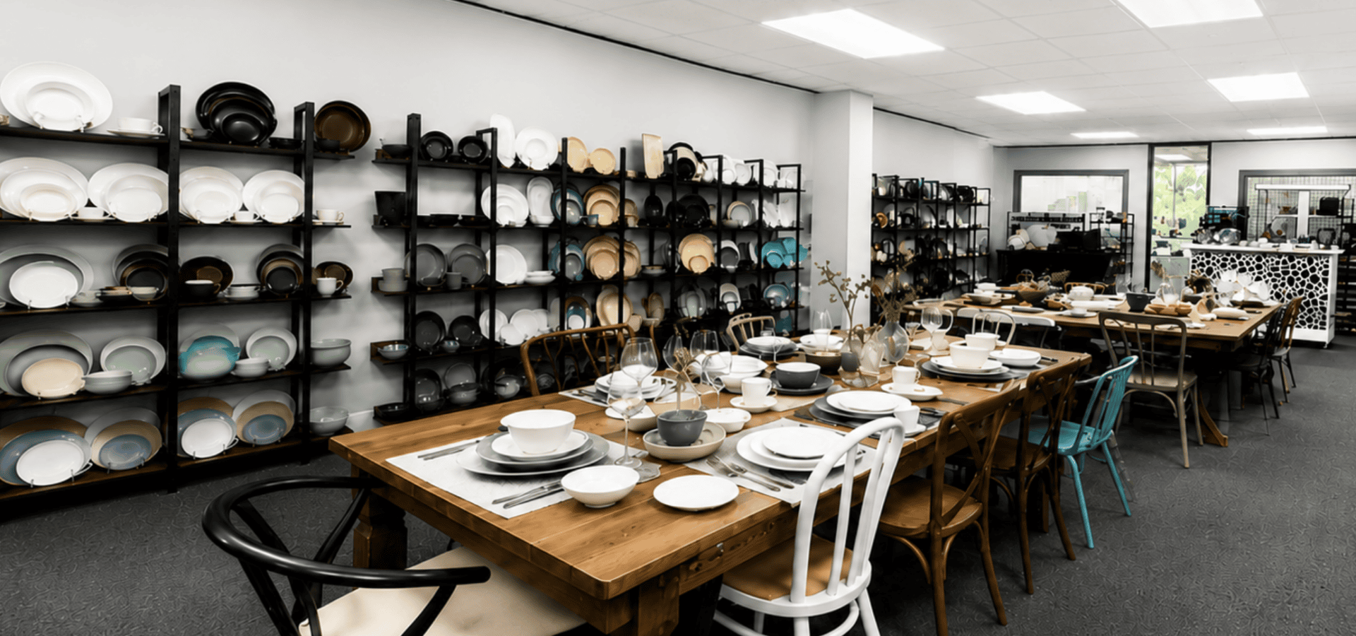 Showroom with shelves of assorted dinnerware and two wooden tables set for dining, surrounded by various chairs; large windows in the background allow natural light in.