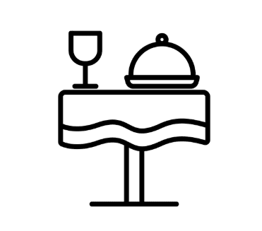 Black and white line drawing of a dining table with a covered dish, a wine glass, and a tablecloth.