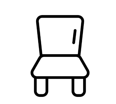 Simple black and white line drawing of a chair with a slightly angled backrest and four legs.