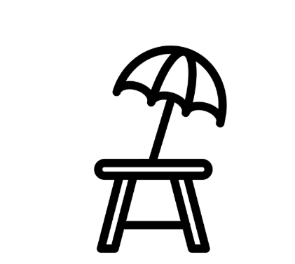 Black and white icon of a beach chair under a large umbrella, symbolizing relaxation or a seaside vacation.